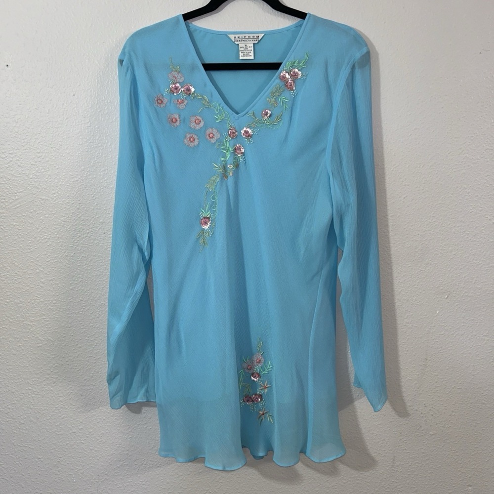 Uniform John Paul Richard Tunic Woman's XL Blue Silk Embellished‎  Artsy Fairy